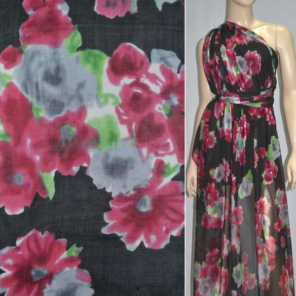 Шовк чорний з червоно-чорними квітами, ш.140