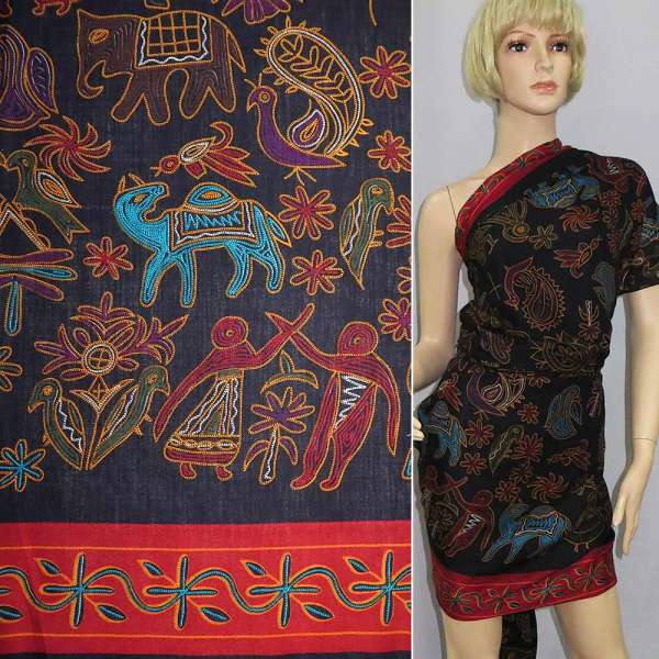 Штапель синий темный с ниточным орнаментом ш.140