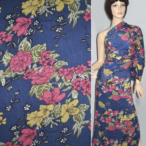 Штапель* синий с черными и светло-бордовыми цветами