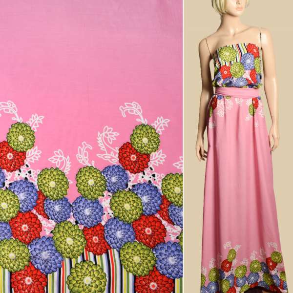 Штапель рожевий, бузкові, салатові, червоні квіти, 2ст.купон, ш.143