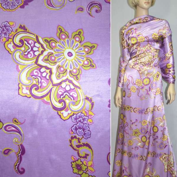 Атлас стрейч с вискозой принт цветочный орнамент, сиреневый ш.150