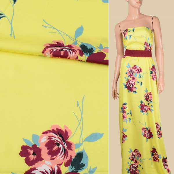 Віскоза атласна лимонно-жовта, бордово-персикові квіти, ш.140