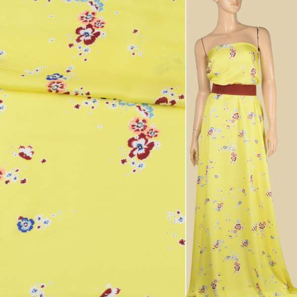 Атлас вискозный цветы бордово-персиковые на лимонно-желтом фоне, ш.140