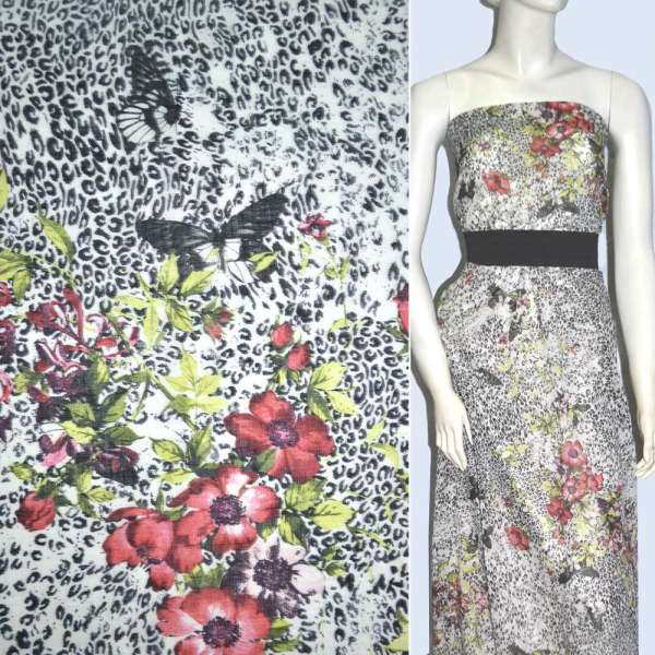 Батист білий з чорними метеликами і червоними квітами ш.136