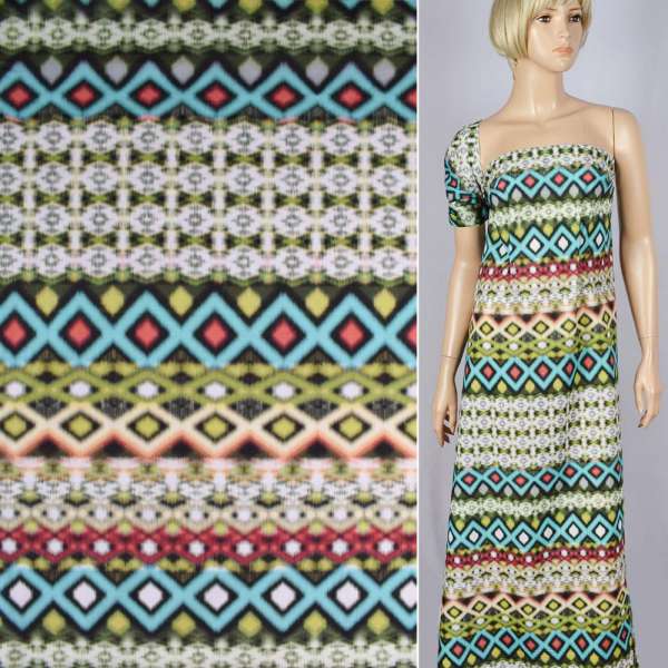 Батист-сатин белый в красно-зеленый принт абстракция ш.152