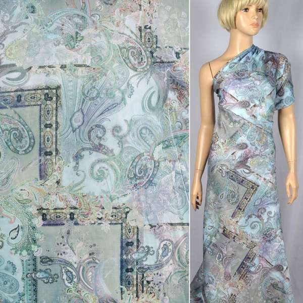 Батист-сатин "Apanage" голубой в серые квадраты и растительный принт ш.145