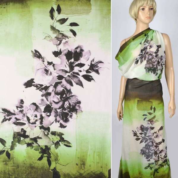 Батист зелений в коричнево-зелений принт рапорт ш.150