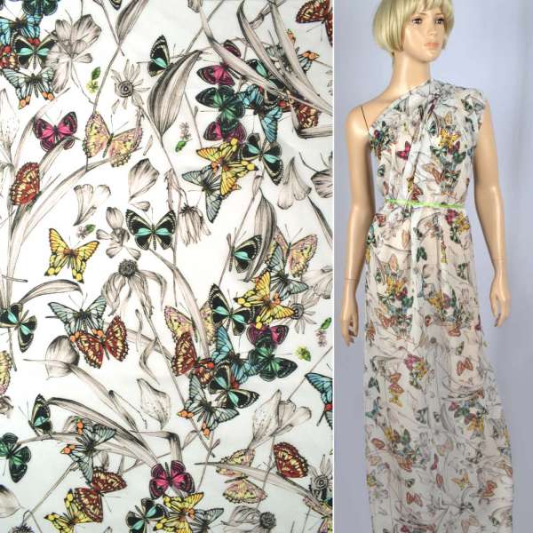 Батист білий в блакитні, жовті, рожеві метелики ш.136