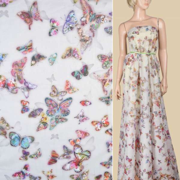 Батист молочно-серый с разноцветными бабочками ш.140