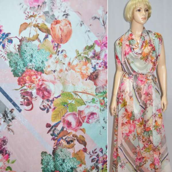 Батист молочний з рожево-помаранчевими квітами ш.136