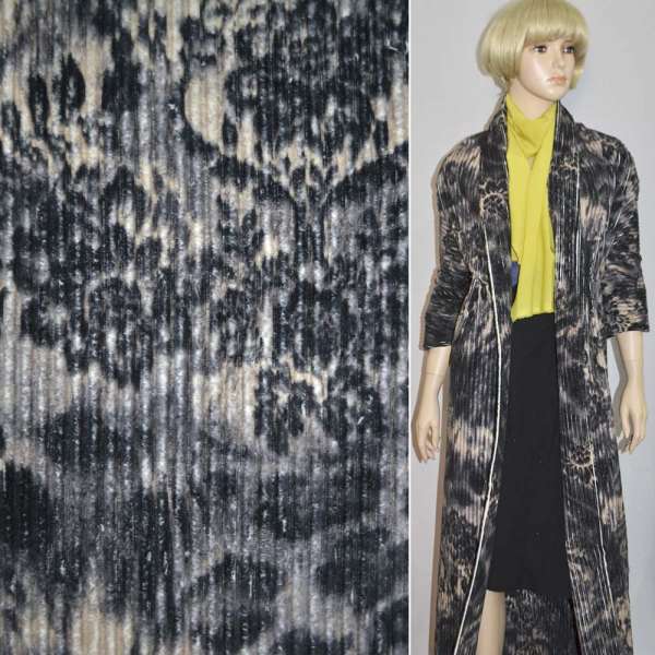 Вельвет стрейч крупный бежевый с черными цветами, ш.150