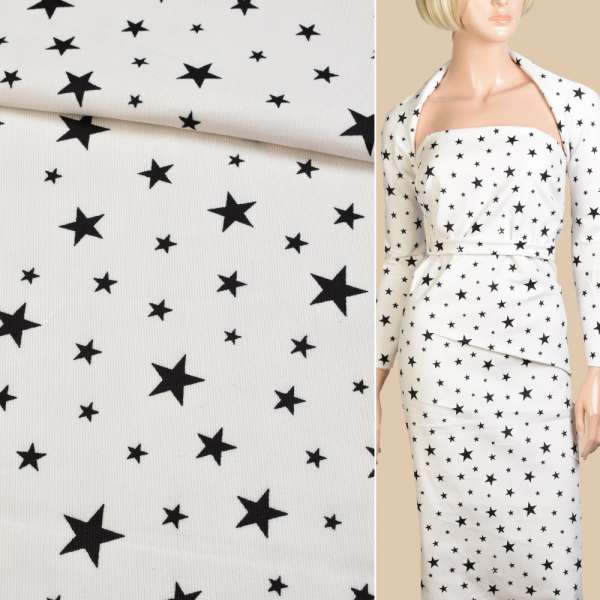 Микровельвет стрейч белый в черные звезды ш.140