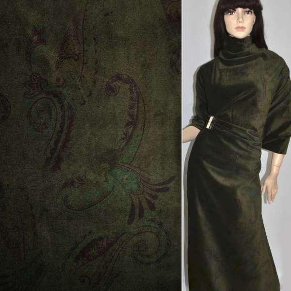 Велюр болотный с темно-бордовым абстрактным рисунком, ш.150