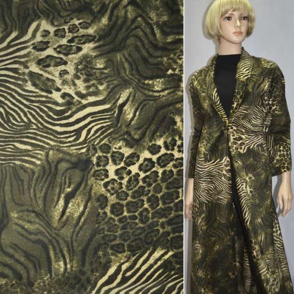 Велюр бежевый с темно-зеленым рисунком зебра, ш.148