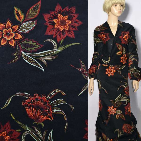 Велюр стрейч черный в крупные терракотовые цветы, ш.135