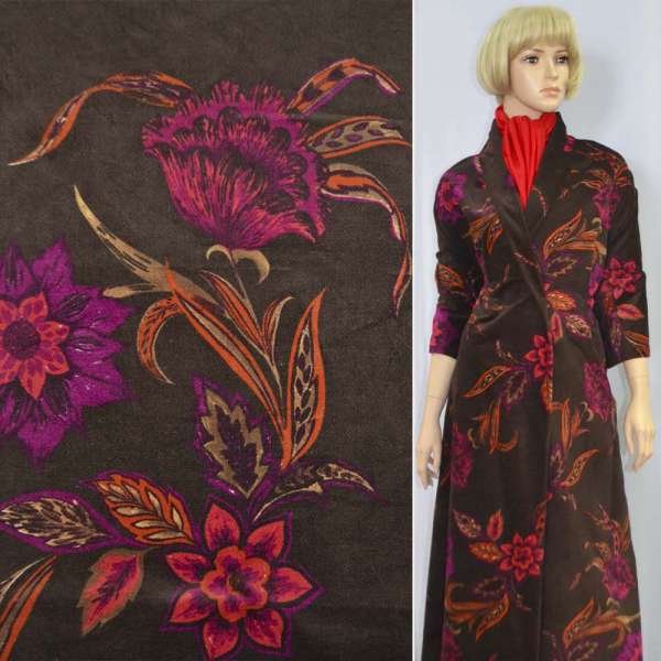 Велюр стрейч коричневый темный с цветами, ш.140