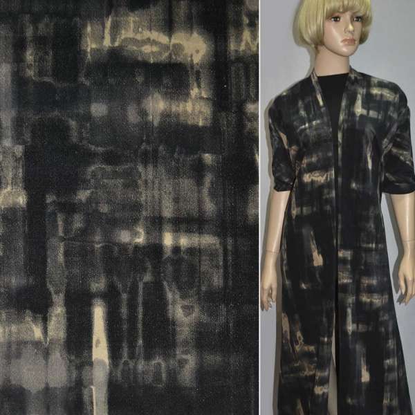 Велюр стрейч черный с бежево-черным абстрактным рисунком, ш. 150