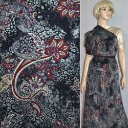 Велюр стрейч черный с бордово-серым цветочным рисунком, ш.150