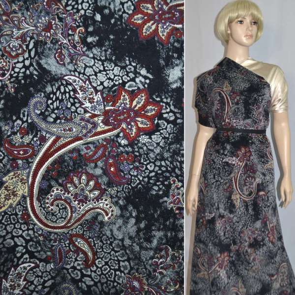 Велюр стрейч черный с бордово-серым цветочным рисунком, ш.150