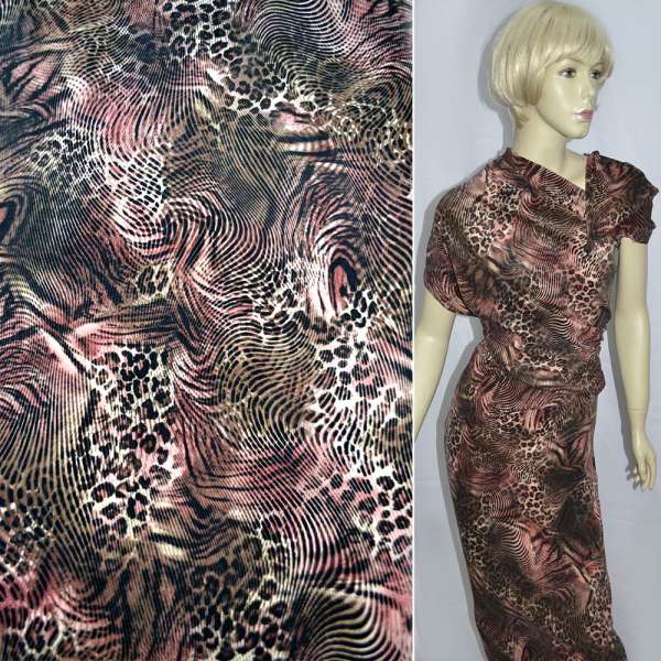 Велюр стрейч коричнево-розовый с абстрактным рисунком, ш.140