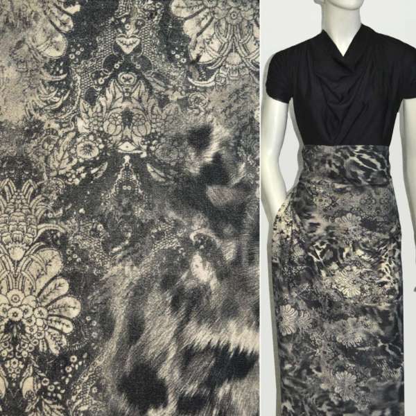 Велюр серо-бежевый "леопард" с цветами ш.140