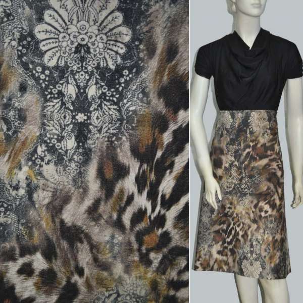 Велюр коричнево-бежевый "леопард" с цветами ш.140