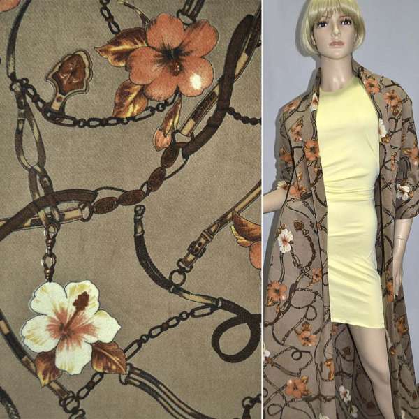 Велюр стрейч бежевый с цветочным рисунком, ш.140