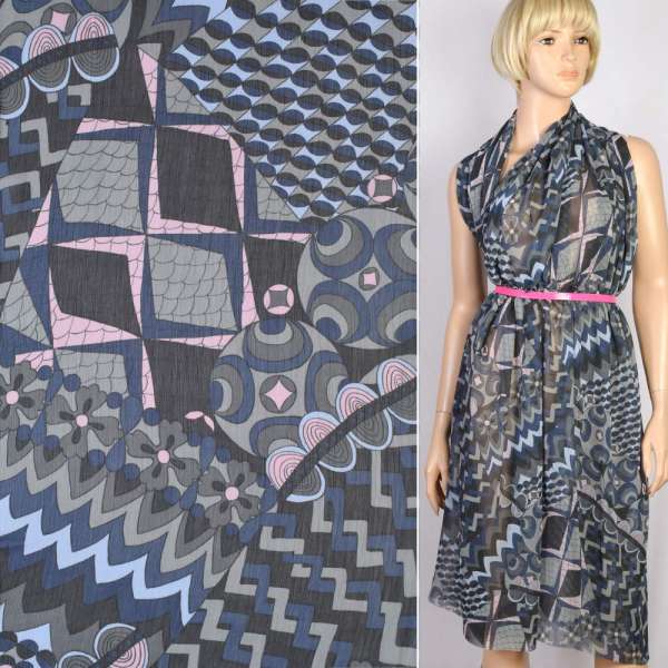 Вискоза жатая серая в сине-серый абстрактный рисунок, ш.145