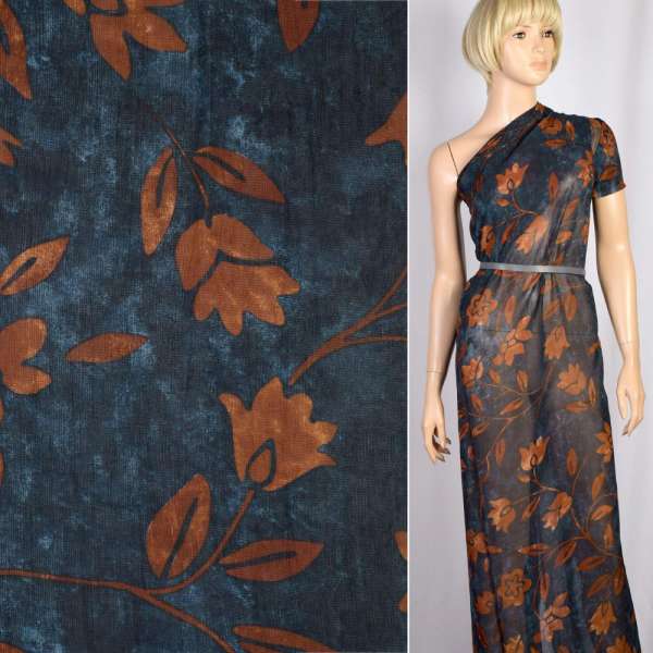 Віскоза синя в коричневі квіти, листя, ш.140