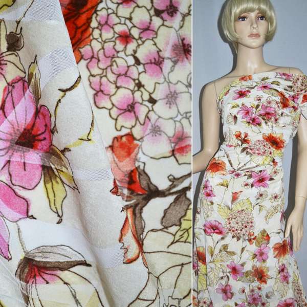 Вискоза блузочная молочная с розово-красными цветами и флоком ш.140