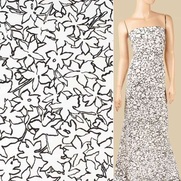 Вискоза стрейч, черные цветы на белом фоне ш.135