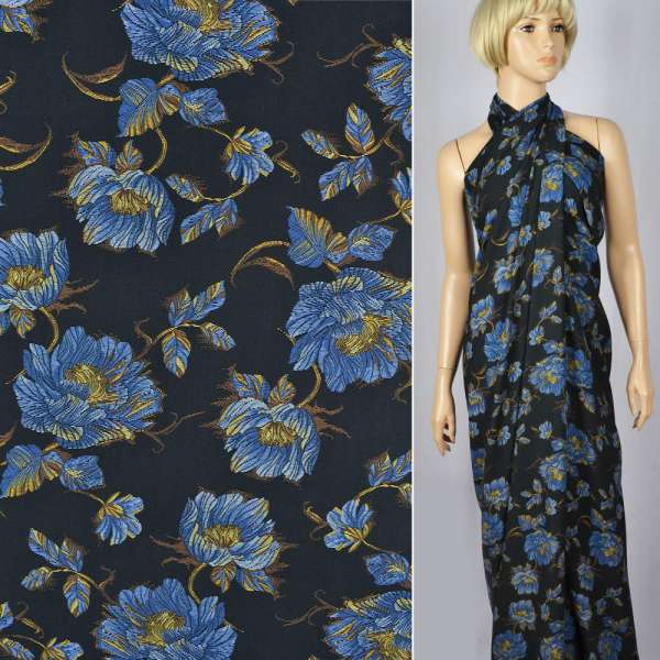 Креп вискозный черный с сине-желтыми цветами ш.145