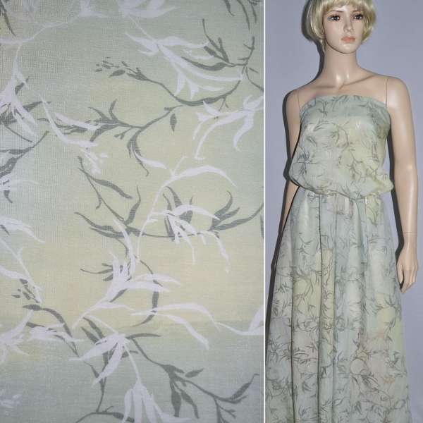 Вискоза Деворе оливковая с белыми и оливковыми листьями