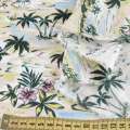 Віскоза салатово-блакитна, фламінго, пальми, квіти, ш.137