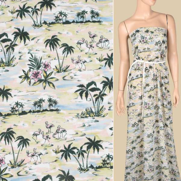 Віскоза салатово-блакитна, фламінго, пальми, квіти, ш.137