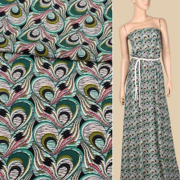 Креп вискозный черный в бело-зеленый узор, ш.142