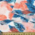 Креп віскозний білий, сині, помаранчеві тропічні листя, ш.150