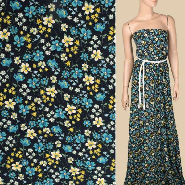 Креп вискозный синий темный, бело-желтые, бирюзовые цветы, ш.140