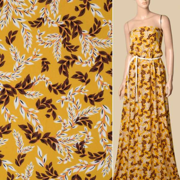 Вискоза горчично-желтая, белые и коричневые листья, ш.132