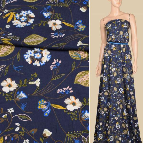 Вискоза синяя темная, бело-синие цветы, желтые, оливковые листья, ш.140