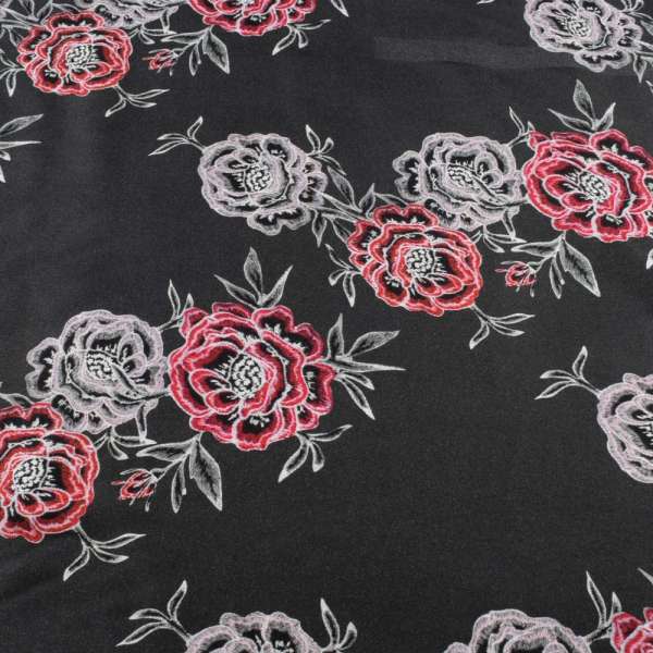 Віскоза сіра темна, принт вишиті троянди, ш.145