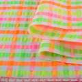 Вискоза жатая белая в неоновую розовую, оранжевую, салатовую клетку, ш.145