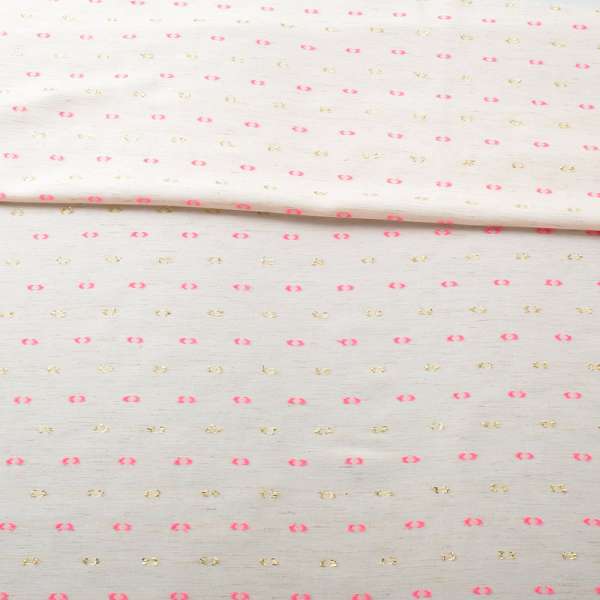 Віскоза молочно-бежева, рожеві й золотаві жакардові крапки з віями, ш.155