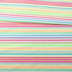 Коттон стрейч белый в сиреневую, голубую, оранжевую полоску, ш.154