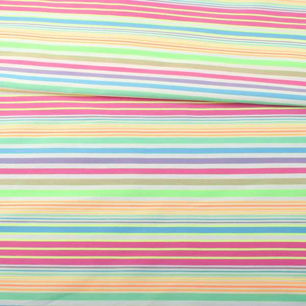 Коттон стрейч белый в сиреневую, голубую, оранжевую полоску, ш.154