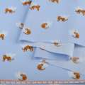 Коттон голубой, оранжевые леопарды, белые веточки, ш.145