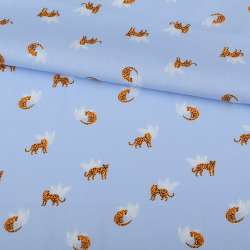 Коттон голубой, оранжевые леопарды, белые веточки, ш.145