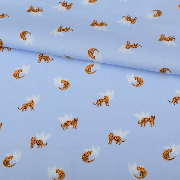 Коттон голубой, оранжевые леопарды, белые веточки, ш.145
