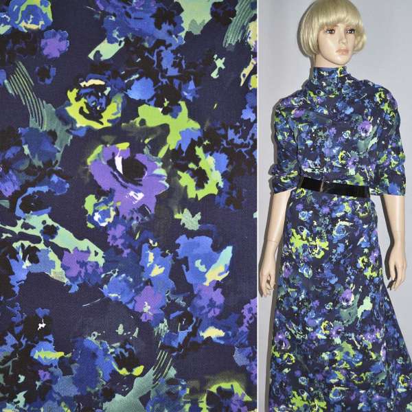 Котон стрейч синій темний з фіолетово-салатовим кольорами ш.140