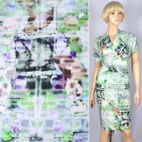 Котон стрейч "Apanage" смарагдово-салатово-чорно-білий фотопринт ш.145